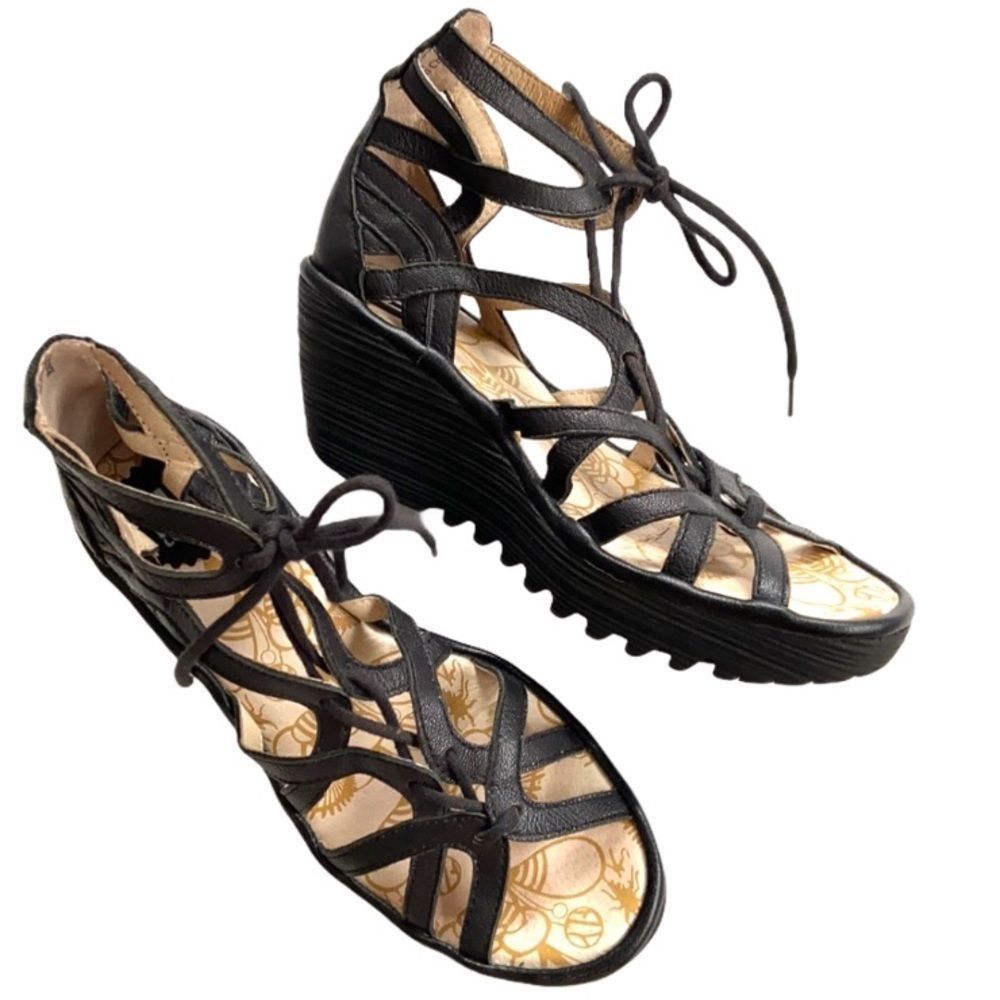 Fly London Black Strappy Wedge Sandals